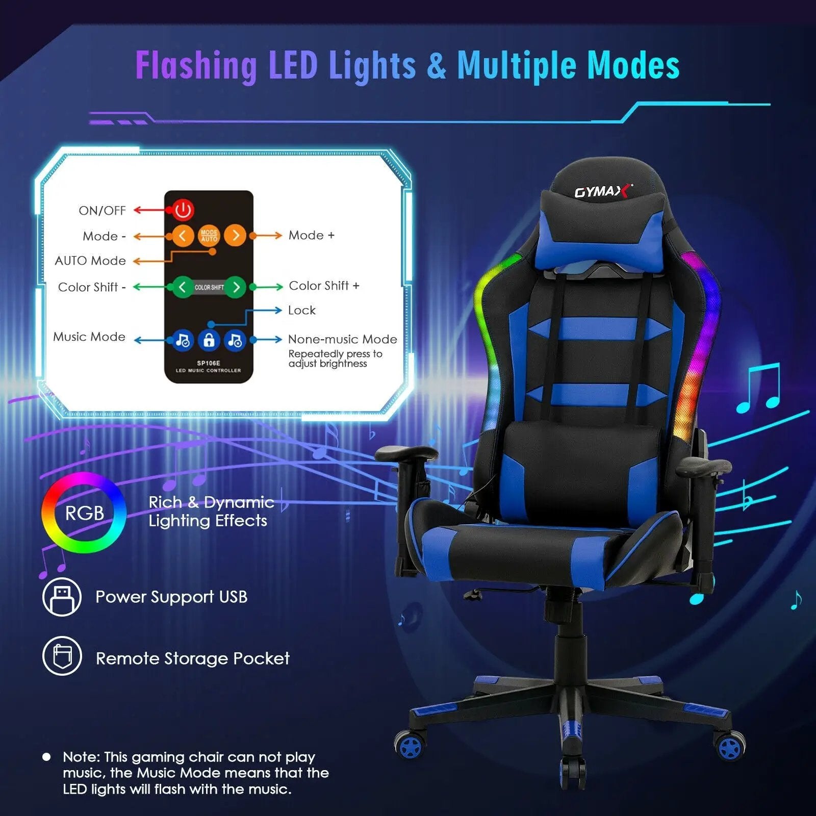 Adjustable Swivel Gaming Chair with LED Lights and Remote by DirectDeals