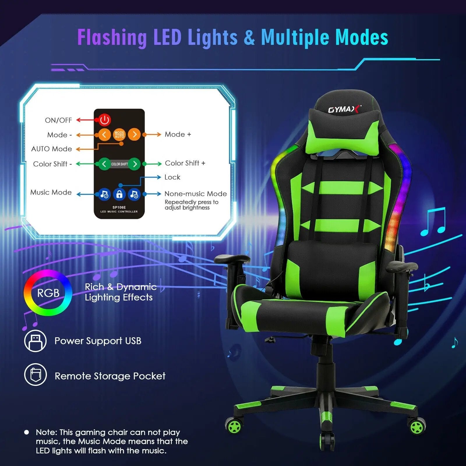 Adjustable Swivel Gaming Chair with LED Lights and Remote by DirectDeals