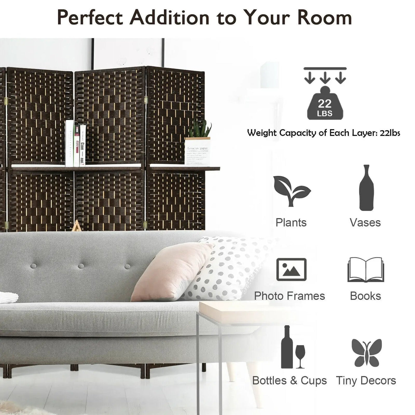 6 Panel Folding Weave Fiber Room Divider with 2 Display Shelves by DirectDeals