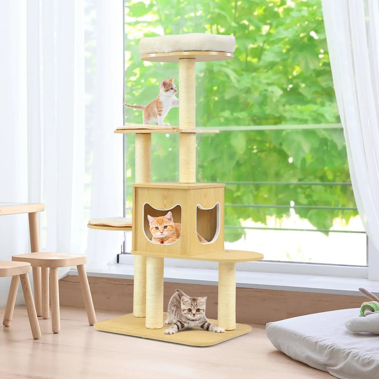 4 Levels Modern Wood Cat Tower with Washable Mats-Walnut by DirectDeals