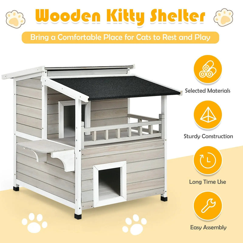 2-Story Wooden Patio Luxurious Cat Shelter House Condo with Large Balcony by DirectDeals