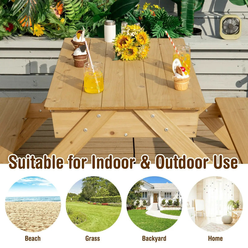 3-in-1 Kids Picnic Table Wooden Outdoor Water Sand Table with Play Boxes by DirectDeals