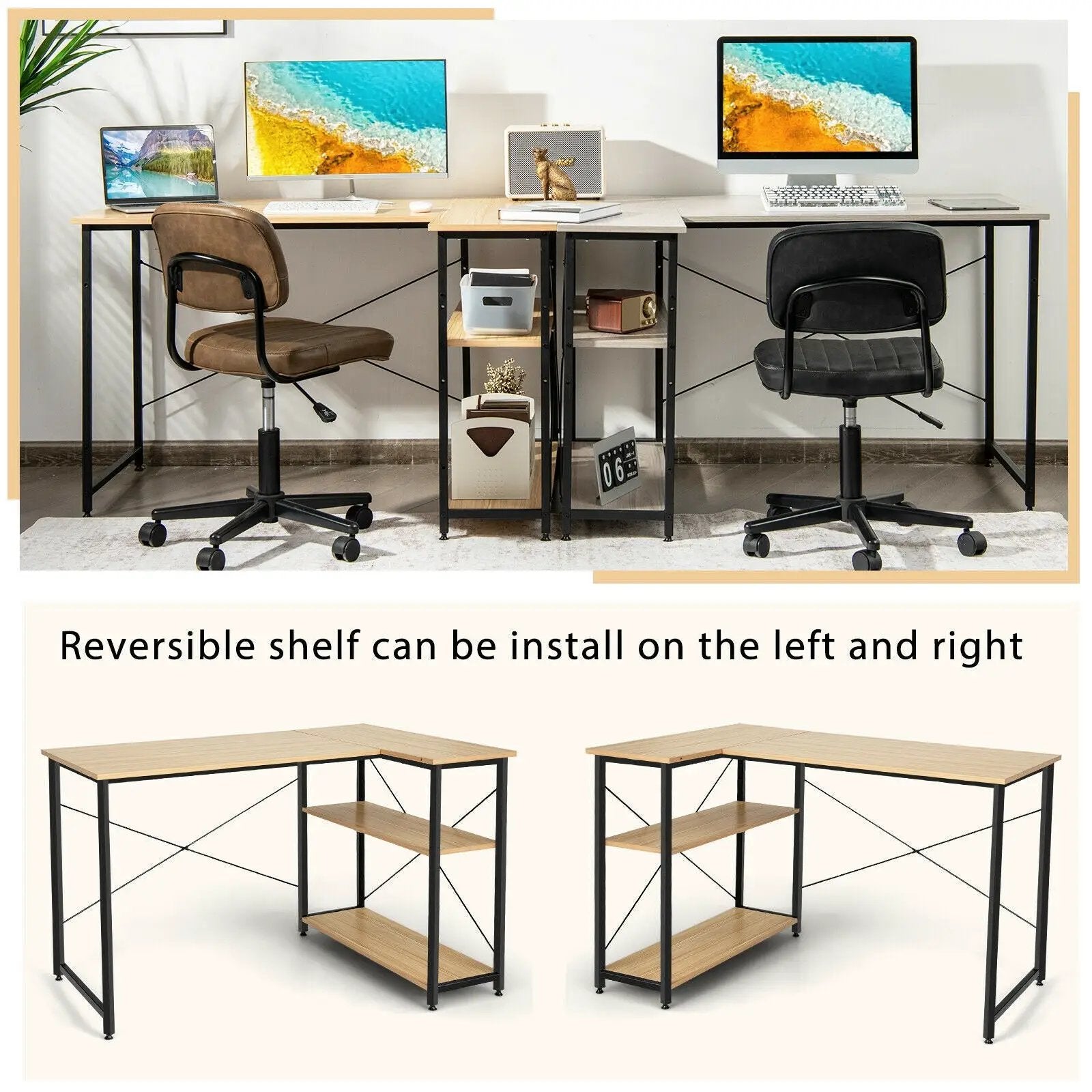 48 Inch Reversible L Shaped Computer Desk with Adjustable Shelf by DirectDeals