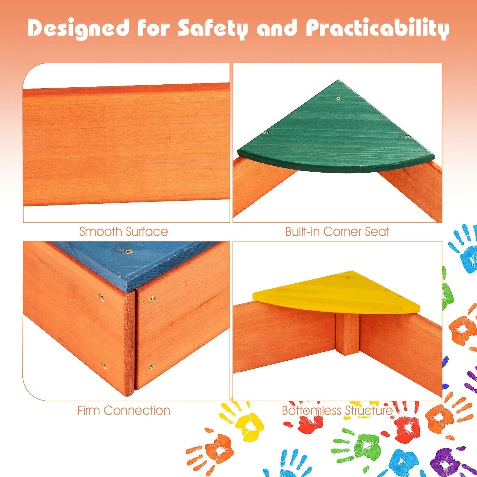 Kids Outdoor Wooden Backyard Sandbox with Built-in Corner Seating by DirectDeals