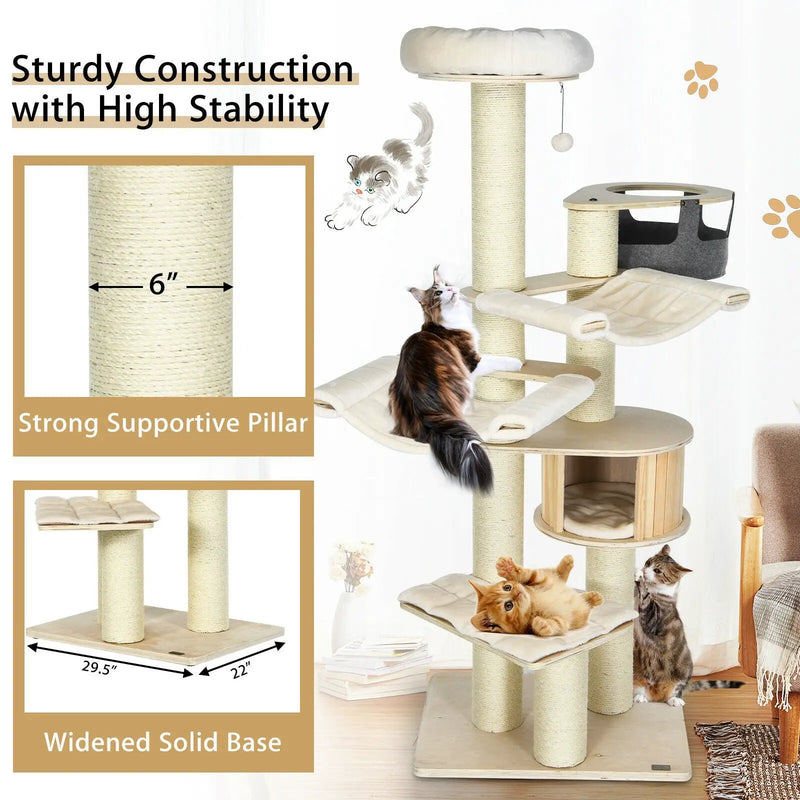 77.5-Inch Cat Tree Condo Multi-Level Kitten Activity Tower with Sisal Posts-Cream White by DirectDeals
