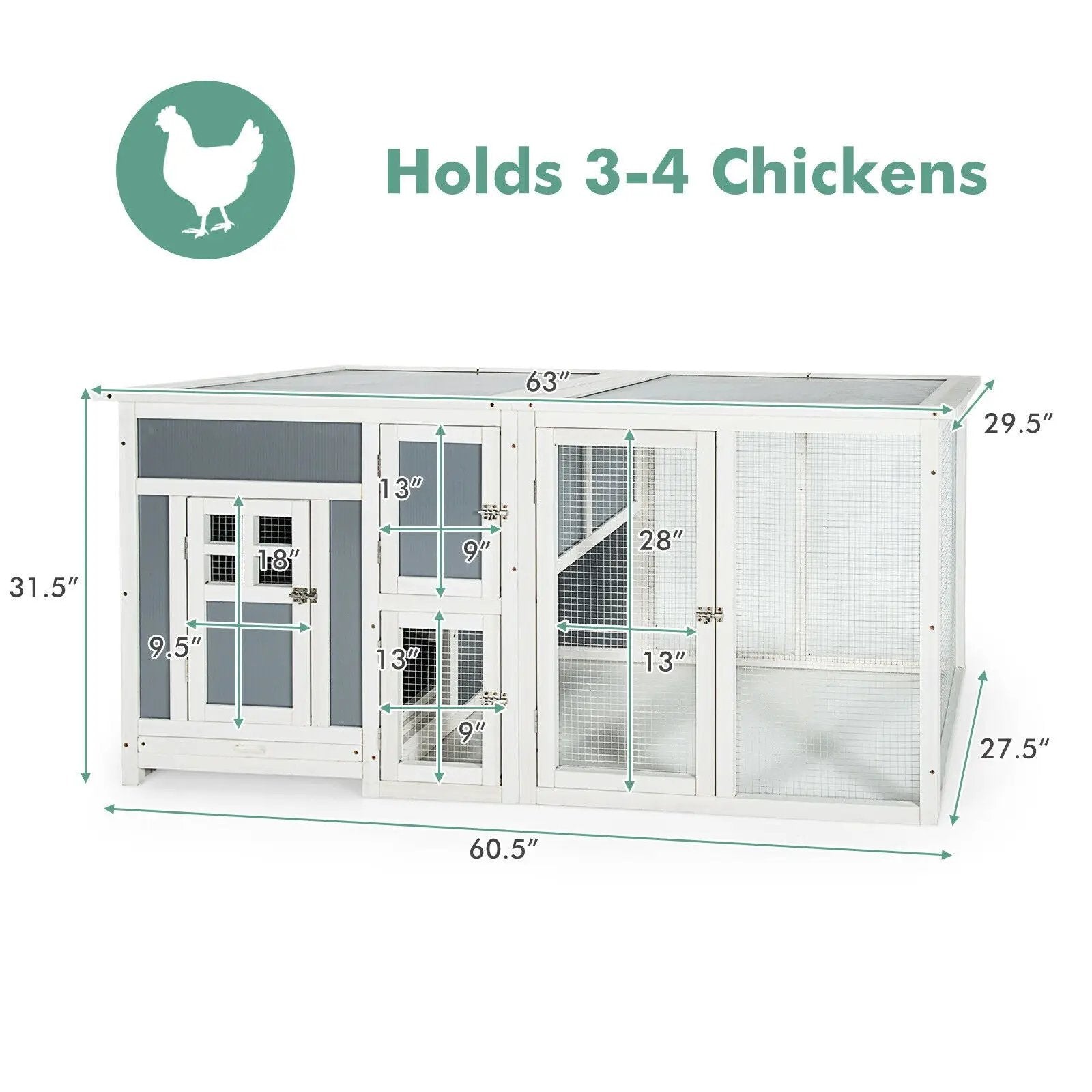 63 Inch Large Wooden Chicken Coop with Run Box and PC Roof by DirectDeals