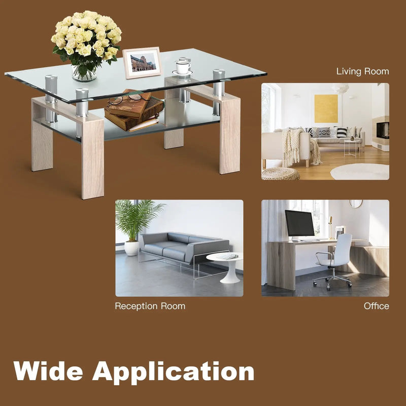 Rectangle Glass Coffee Table with Metal Legs for Living Room by DirectDeals