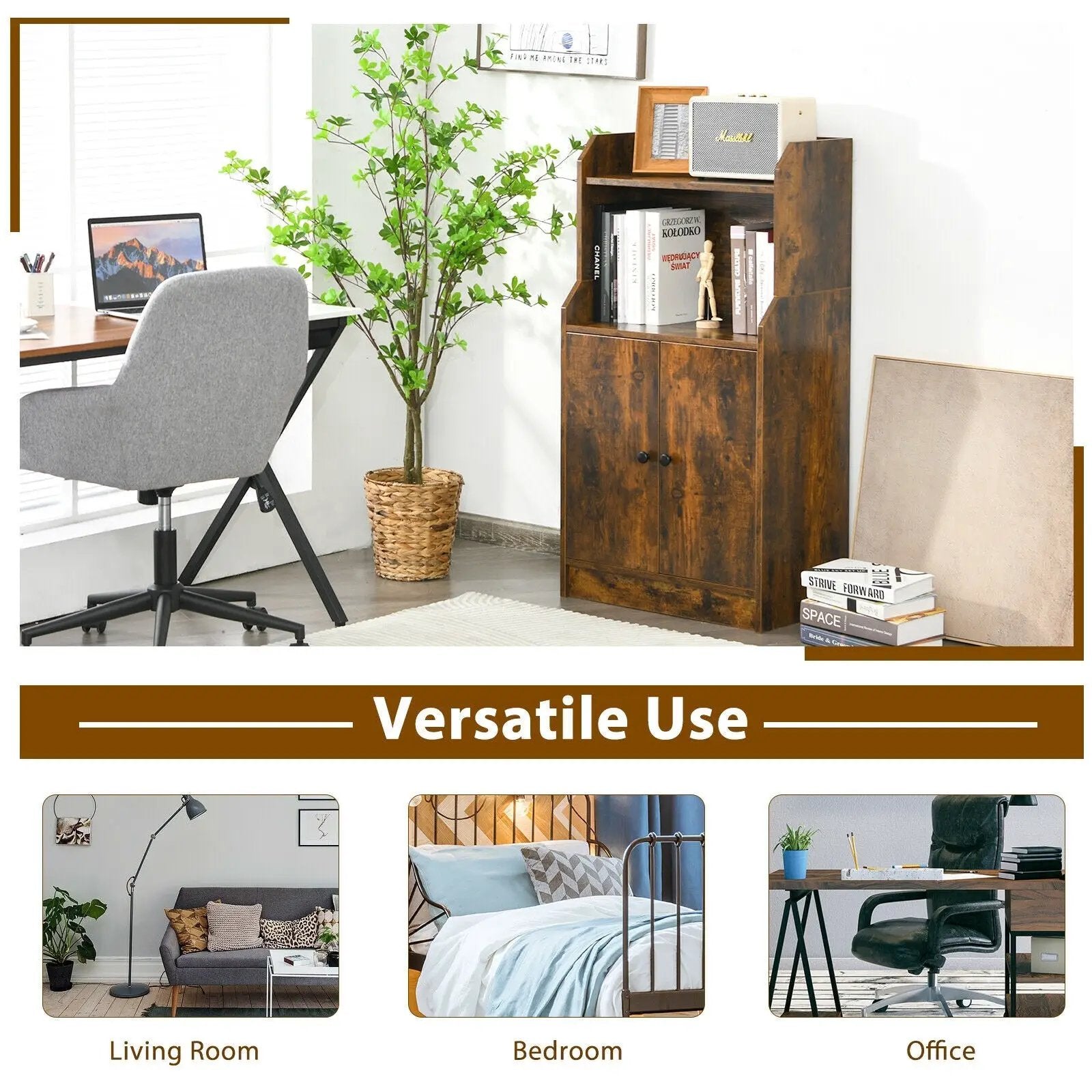 Storage Cabinet Bookcase with Doors and Display Shelf-Rustic Brown by DirectDeals