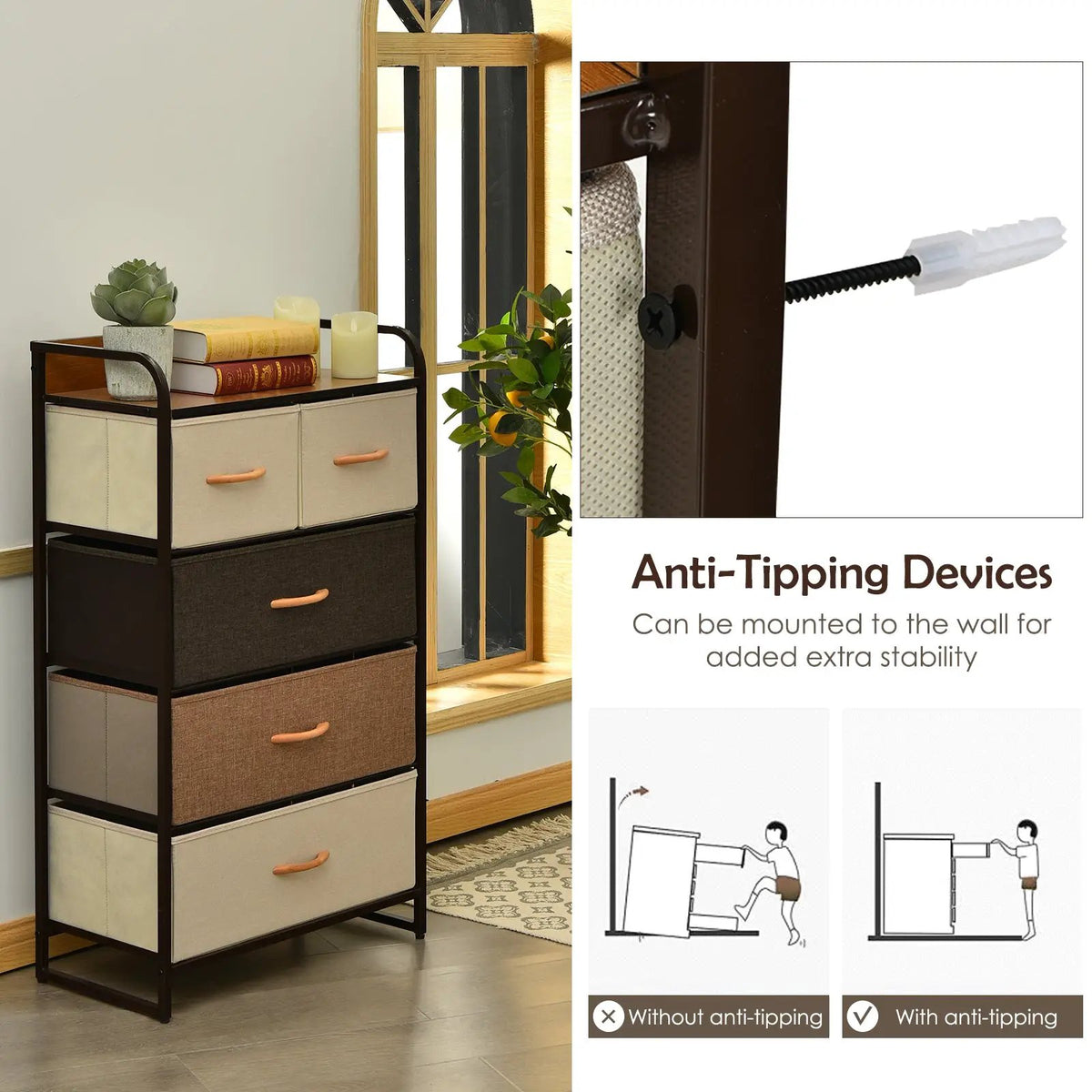 4-Tier Organizer Tower Steel Frame Wooden Top Storage with 5-Drawer Dresser by DirectDeals