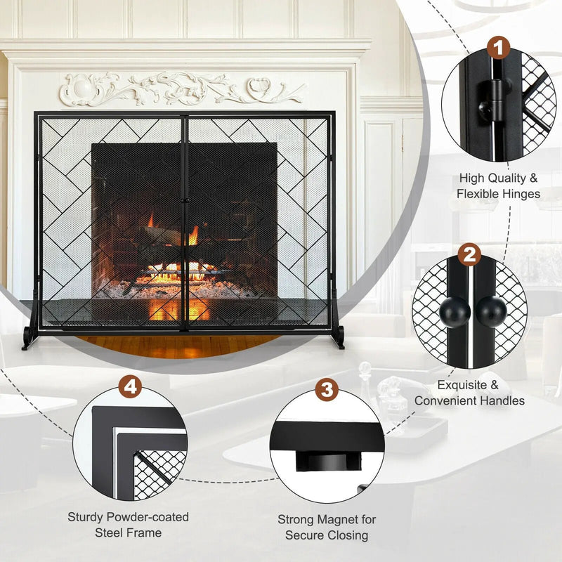 2-Panel Fireplace Screen Folding Metal Fire Place Safety Fence with Magnetic Doors by DirectDeals