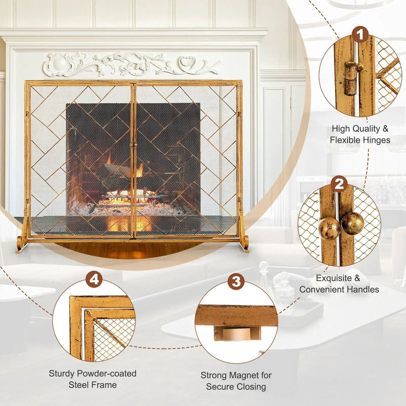 2-Panel Fireplace Screen Folding Metal Fire Place Safety Fence with Magnetic Doors by DirectDeals