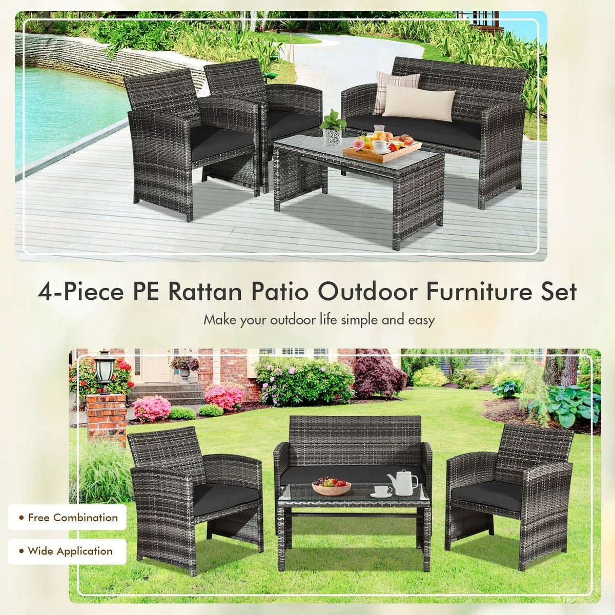 4 Pieces Patio Rattan Furniture Set with Glass Table and Loveseat-Gray by DirectDeals