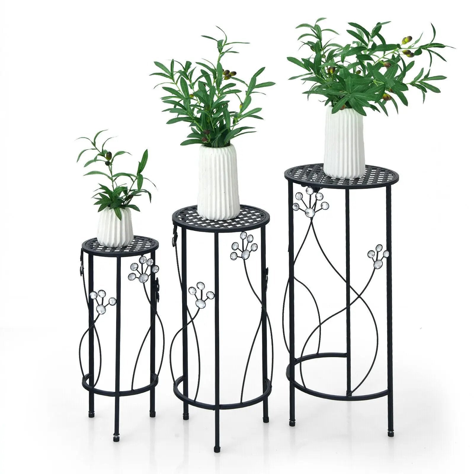 3 Pieces Metal Plant Stand Set with Crystal Floral Accents Round-Black by DirectDeals