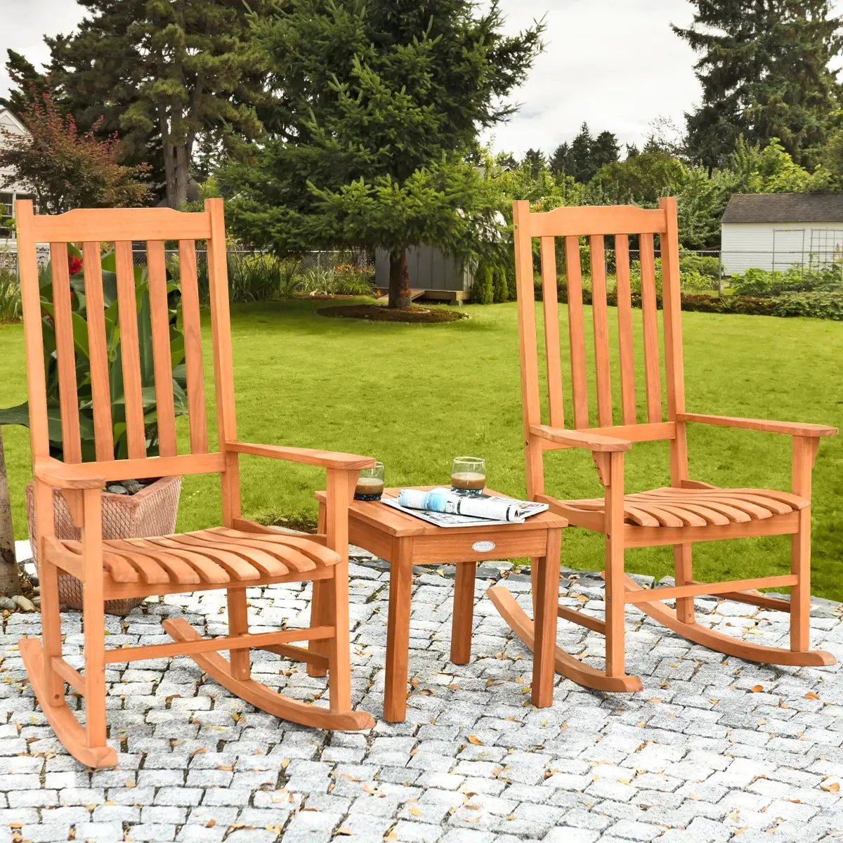 3 Pieces Eucalyptus Rocking Chair Set with Coffee Table by DirectDeals