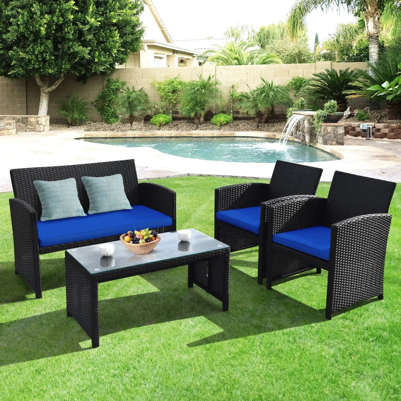 4 Pieces Rattan Patio Furniture Set with Weather Resistant Cushions and Tempered Glass Tabletop by DirectDeals