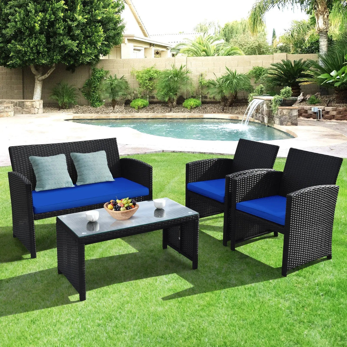 4 Pieces Rattan Patio Furniture Set with Weather Resistant Cushions and Tempered Glass Tabletop by DirectDeals