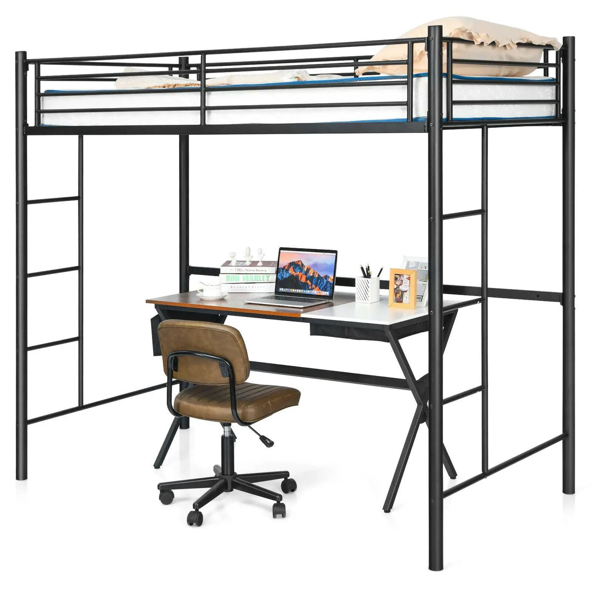 Twin Loft Bed Frame with 2 Ladders Full-length Guardrail by DirectDeals