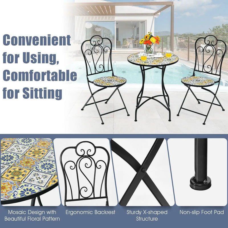 3 Pieces Patio Bistro Mosaic Design Set with Folding Chairs and Round Table by DirectDeals