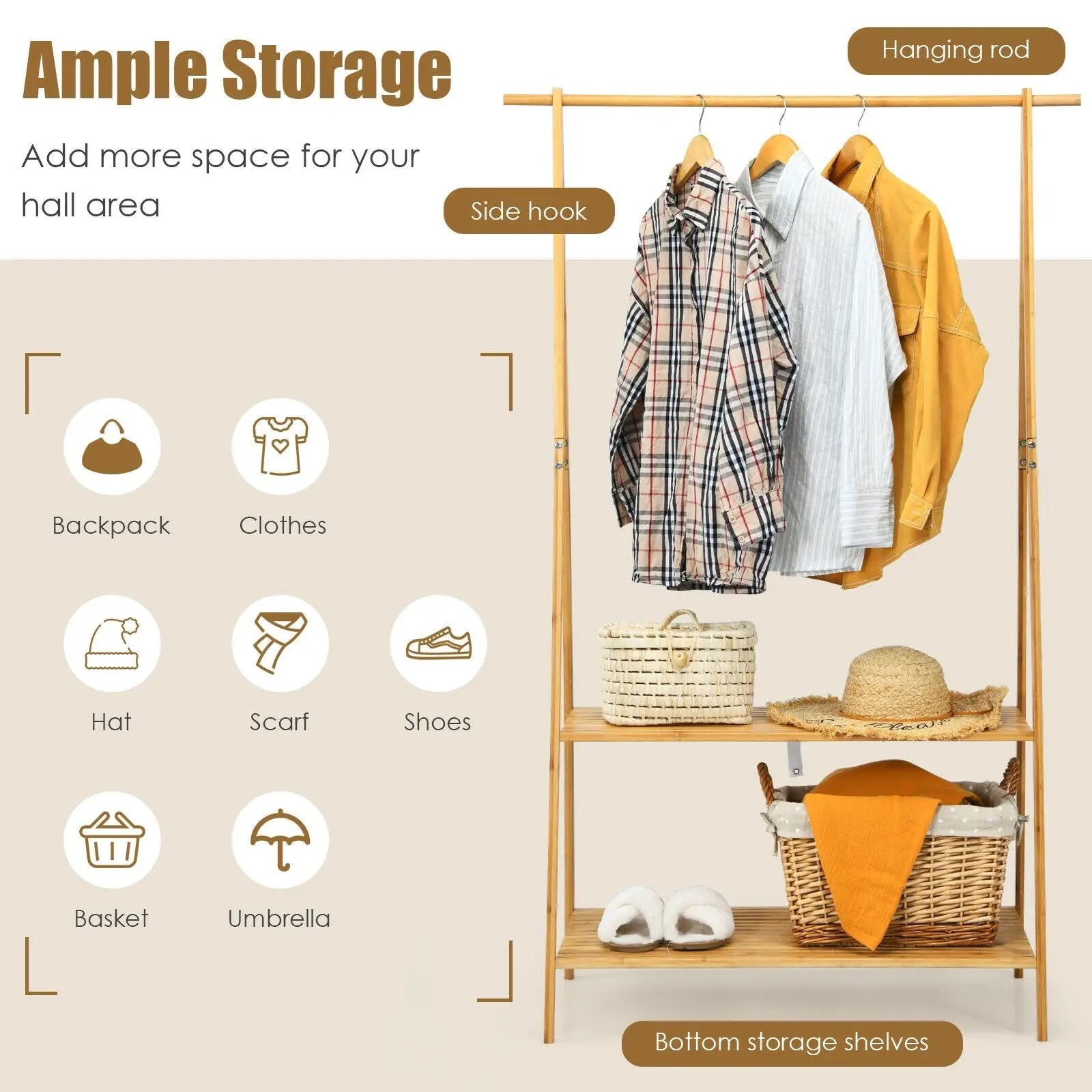 Bamboo Clothes Hanging Rack with 2-Tier Storage Shelf for Entryway Bedroom-Natural by DirectDeals