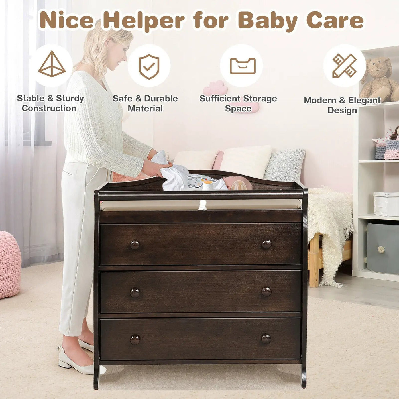 Baby Changing Table Infant Diaper with 3 Drawers and Safety Belt by DirectDeals