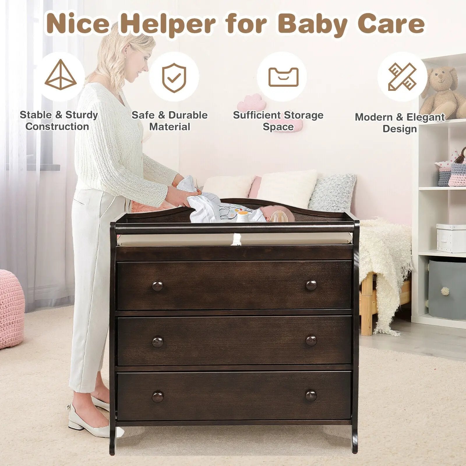 Baby Changing Table Infant Diaper with 3 Drawers and Safety Belt by DirectDeals