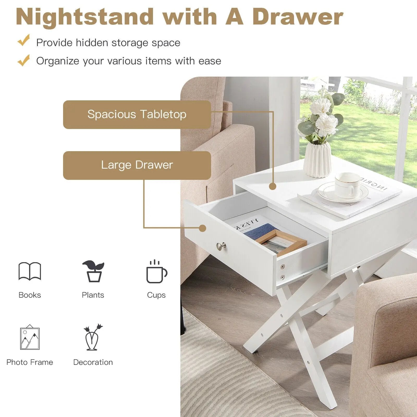 Modern X-Shaped Nightstand with Drawer for Living Room Bedroom by DirectDeals