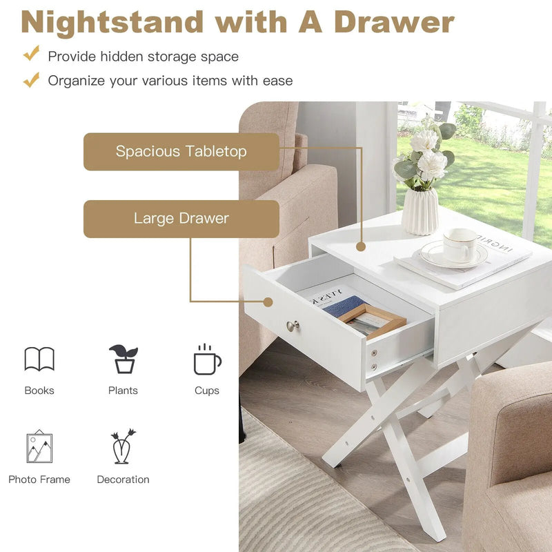 Modern X-Shaped Nightstand with Drawer for Living Room Bedroom by DirectDeals