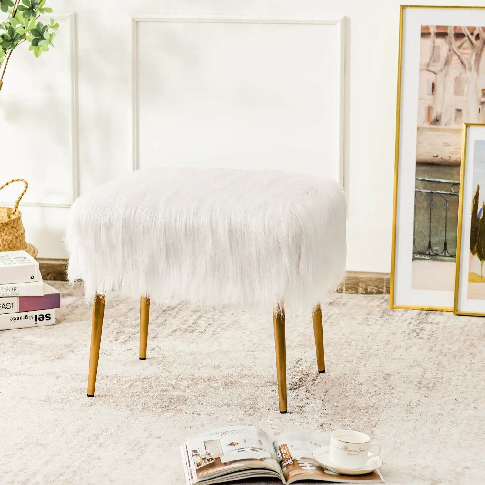 Faux Fur Vanity Stool with Golden Metal Legs for Makeup Room by DirectDeals