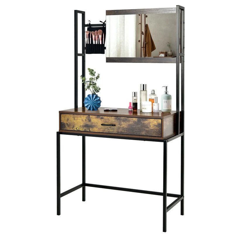 Industrial Vanity Table with 3-Height Adjustable Mirror Bag-Brown by DirectDeals