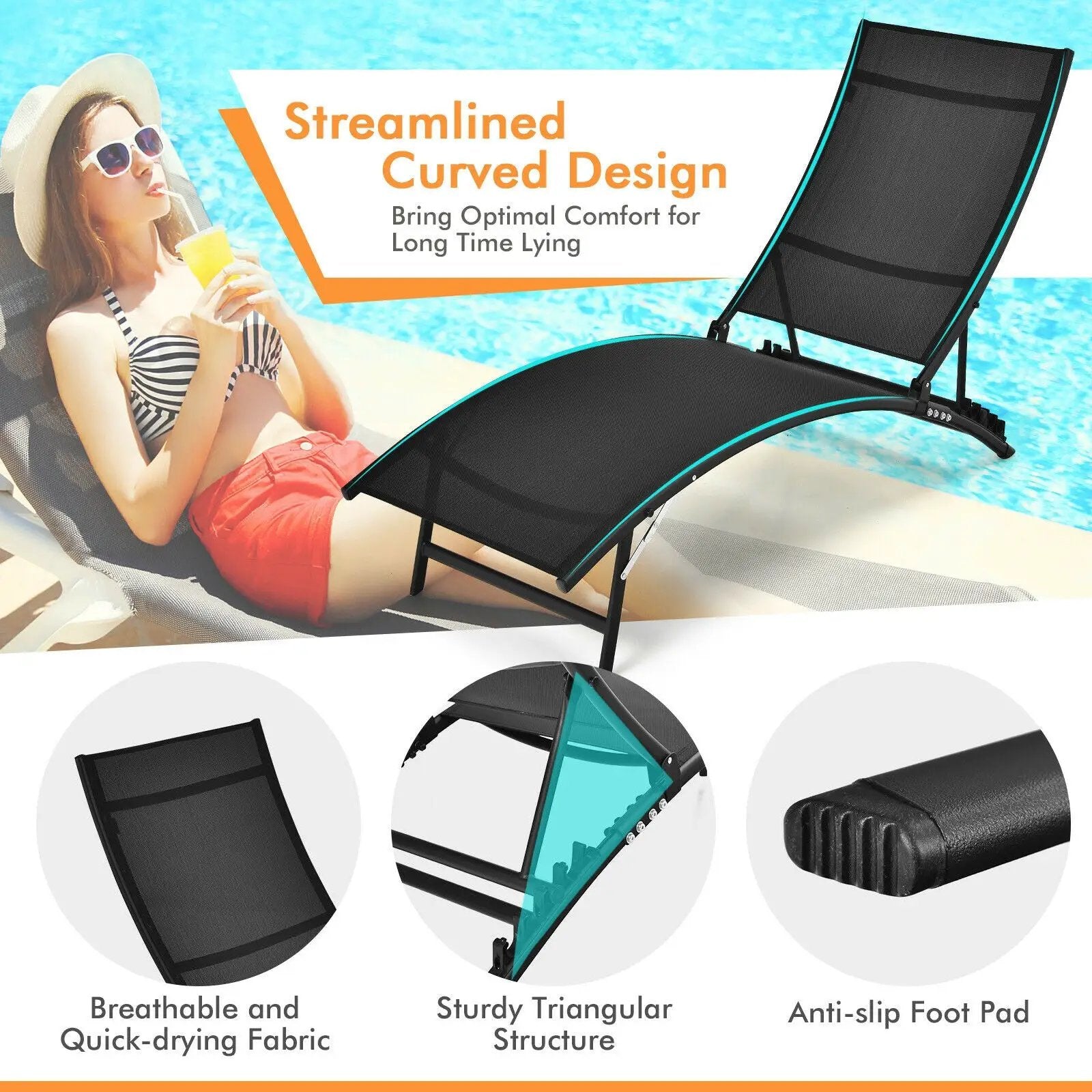 2 Pieces Patio Folding and Stackable Chaise Lounge Chair with 5-Position Adjustment-Black by DirectDeals