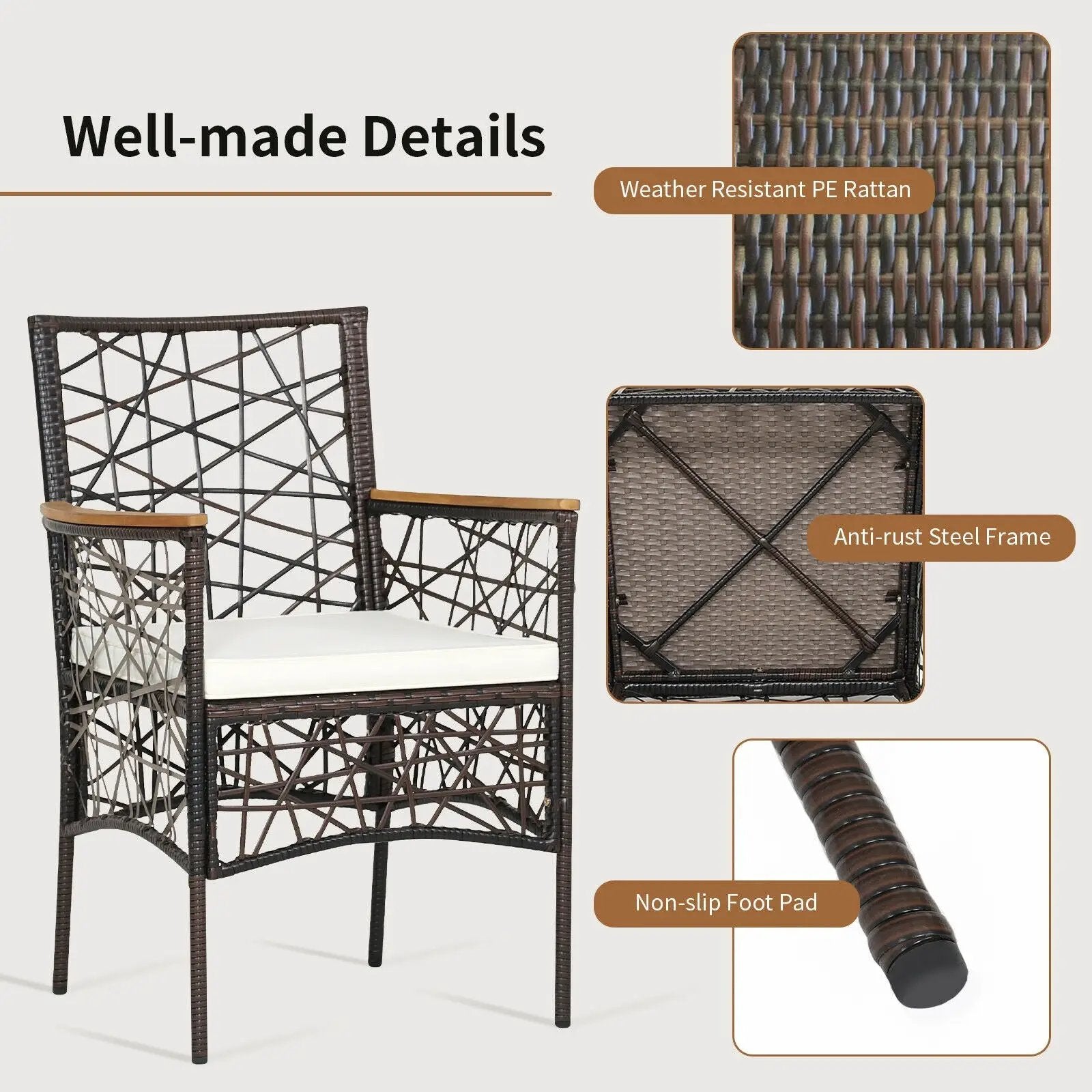 2 Pieces PE Wicker Patio Bistro Dining Chairs with Acacia Wood Armrests and Cushions by DirectDeals