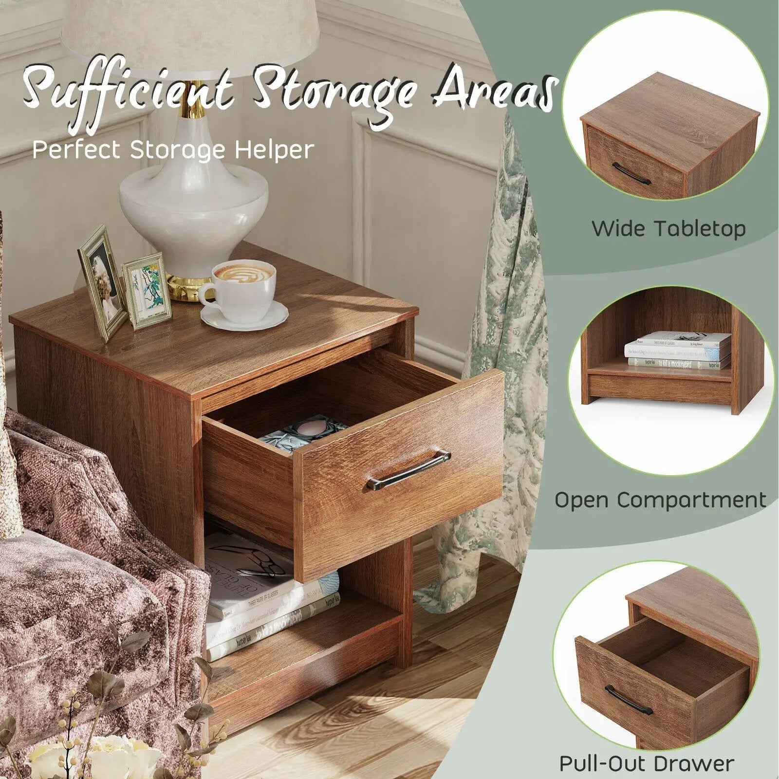 Wooden Nightstand with Drawer and Open Storage Compartment by DirectDeals