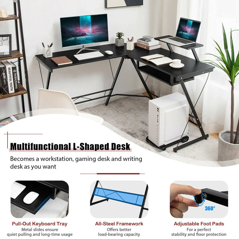 L Shaped Computer Desk Home Office Workstation with Movable Monitor Stand-Black by DirectDeals