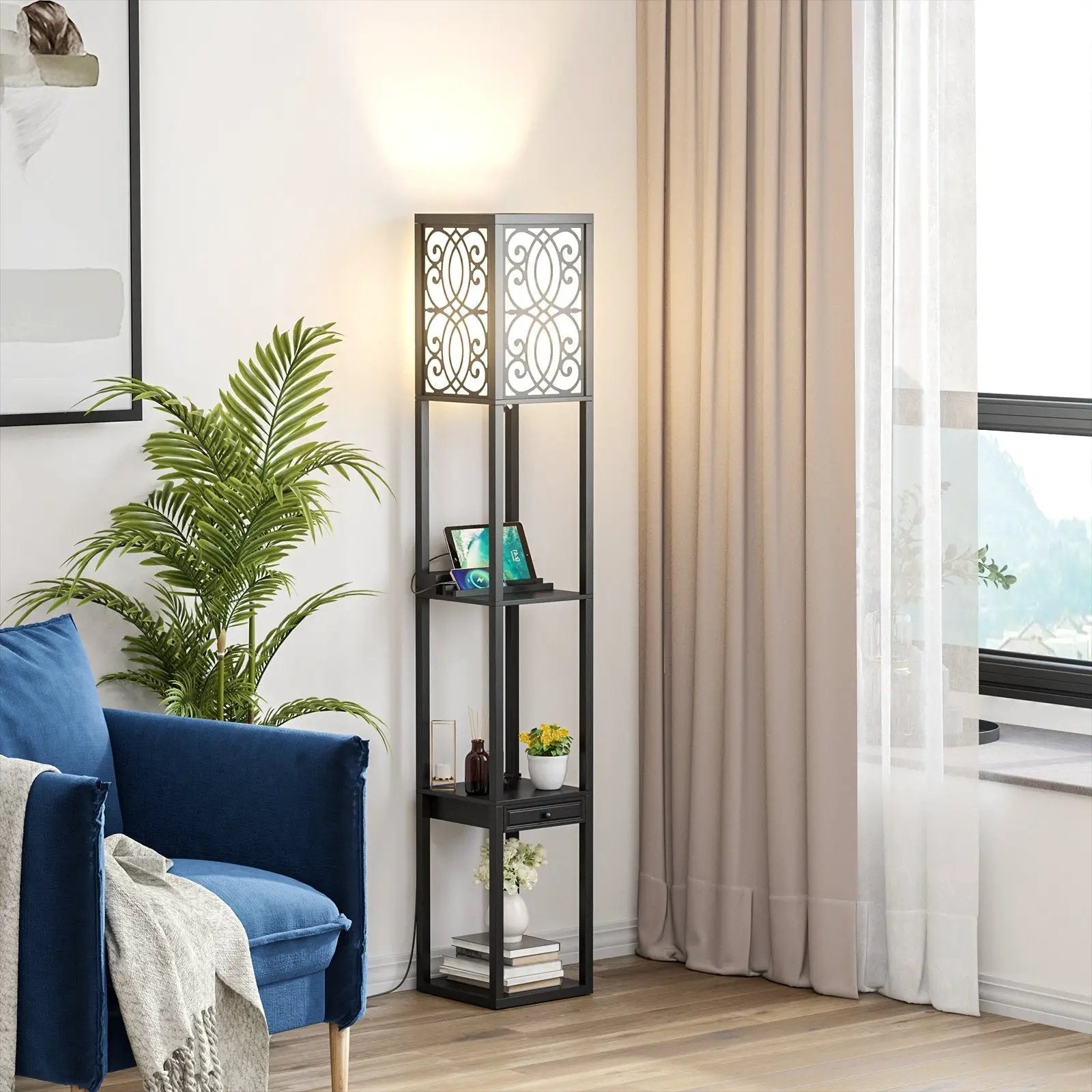 Modern Standing Shelf Lamp with 1 Power Outlet and 2 USB Ports by DirectDeals