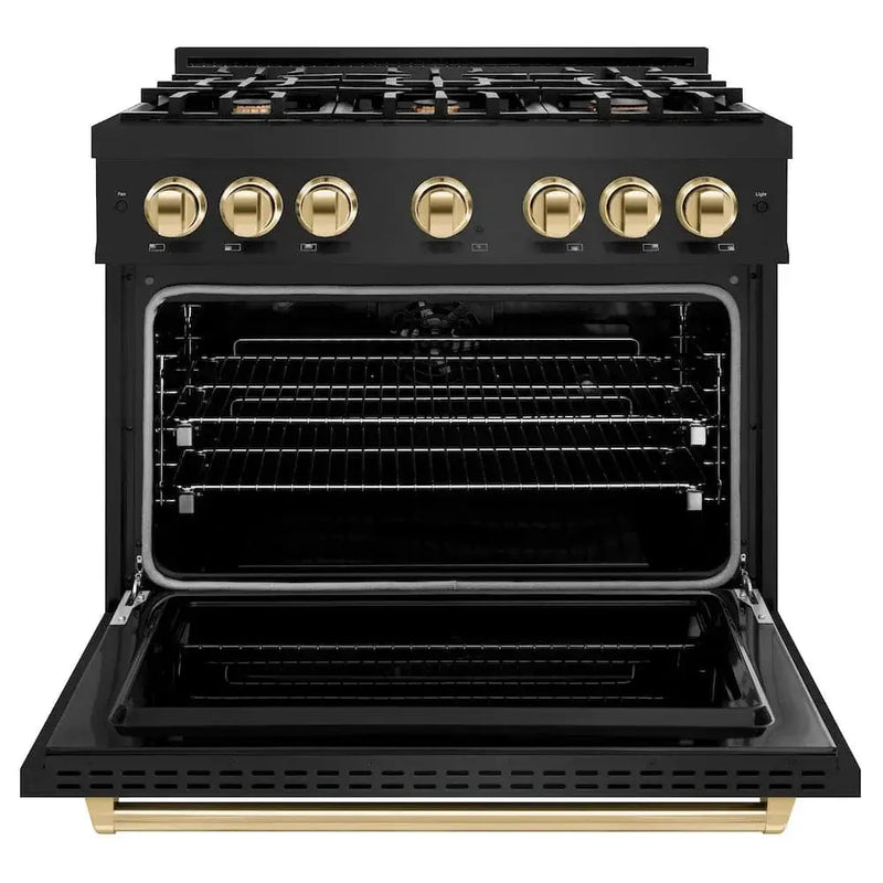 ZLINE 36" Dual Fuel Range, Gas Cooktop, Electric Convection Oven Black Stainless Steel, Gold CDRBZ-36-G by Farmhouse Kitchen and Bath