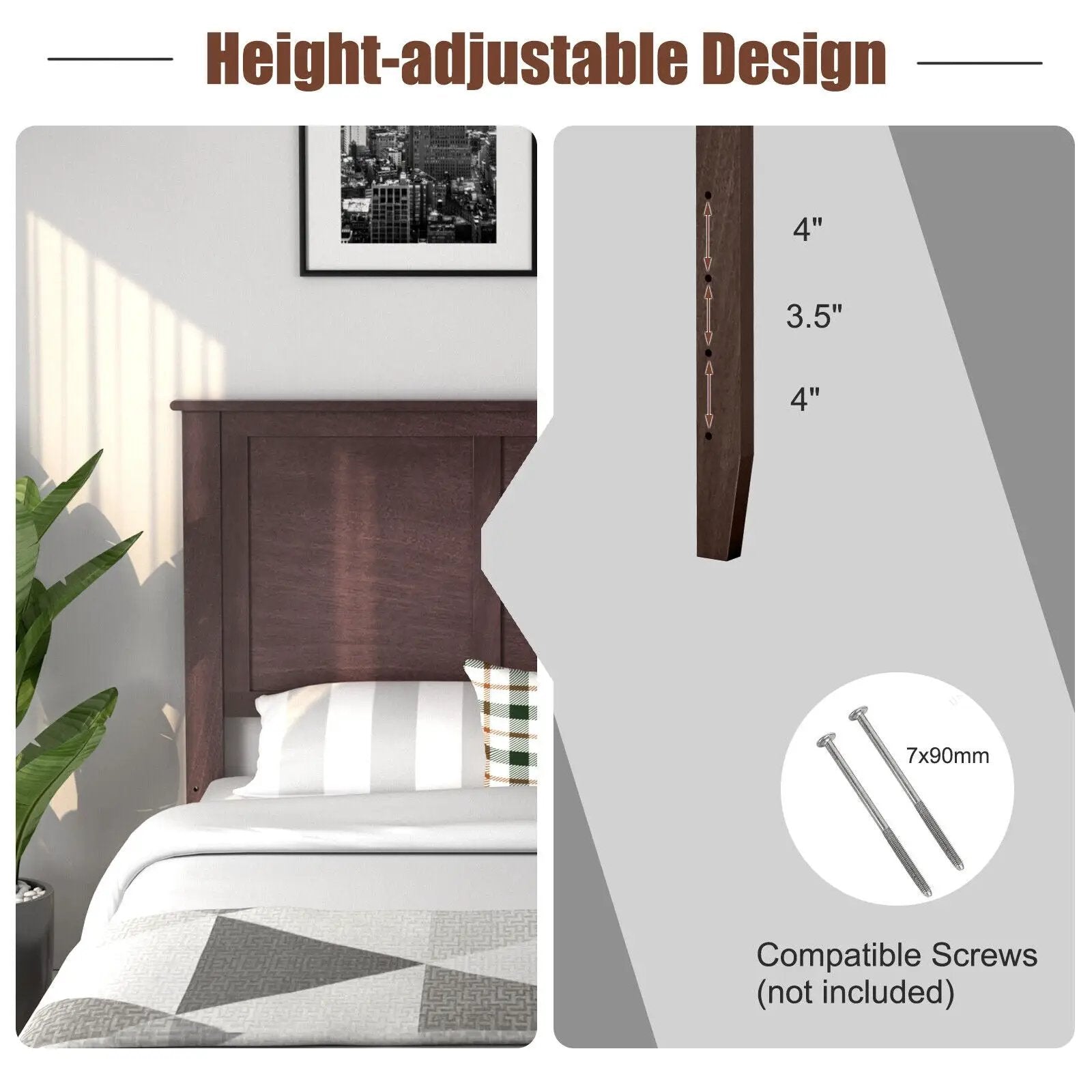 Full Wood Headboard Flat Panel with Pre-drilled Holes and Height Adjustment by DirectDeals