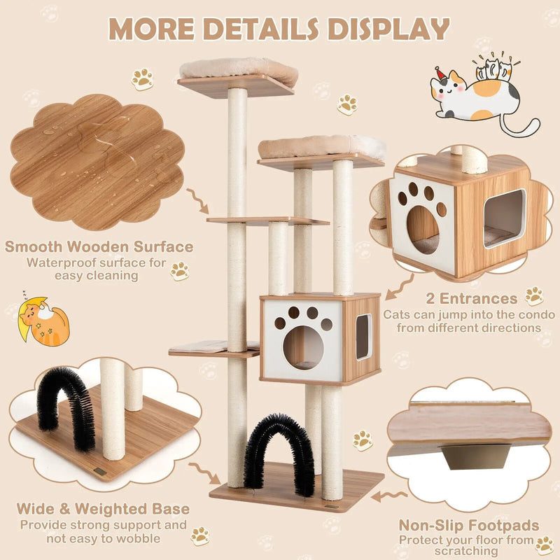 Indoor Cat Tree Tower with Platform Scratching Posts-Beige by DirectDeals