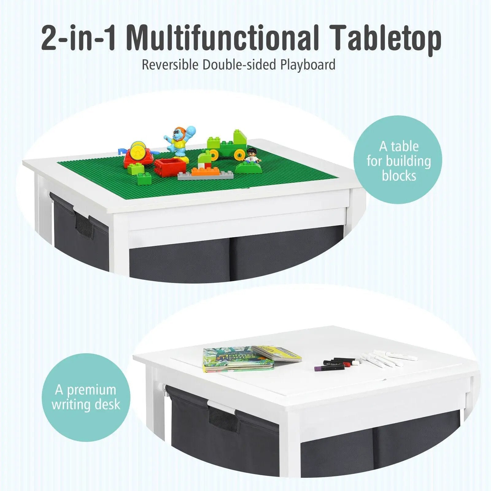 2-in-1 Kids Double-sided Activity Building Block Table with Drawers-White by DirectDeals