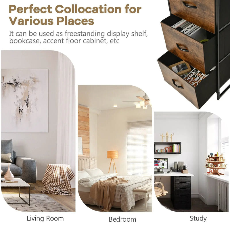Freestanding Vertical 3 Drawer Dresser with 3 Shelves-Rustic Brown by DirectDeals