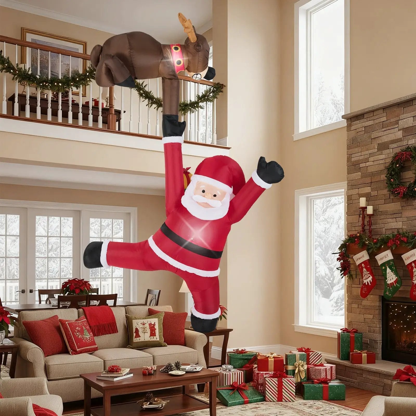 8.5 Feet Christmas Inflatable Reindeer and Climbing Santa Claus with Built-in LED Lights by DirectDeals