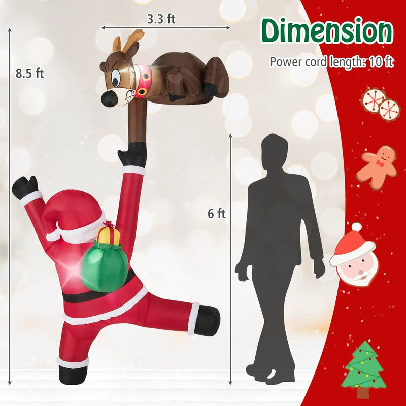 8.5 Feet Christmas Inflatable Reindeer and Climbing Santa Claus with Built-in LED Lights by DirectDeals