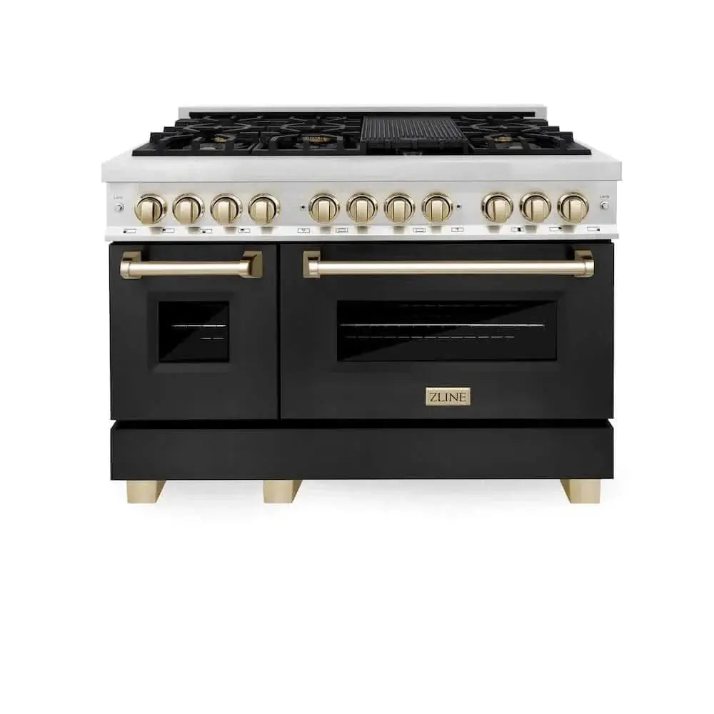 ZLINE 48" Autograph Dual Fuel Range, Black, Gold, RAZ-BLM-48-G by Farmhouse Kitchen and Bath