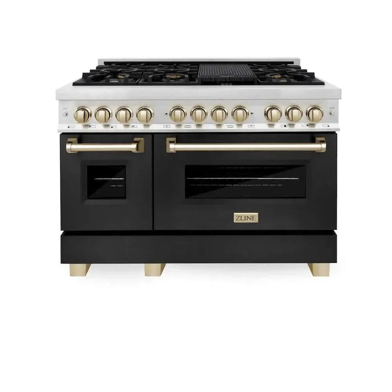 ZLINE 48" Autograph Dual Fuel Range, Black, Gold, RAZ-BLM-48-G by Farmhouse Kitchen and Bath