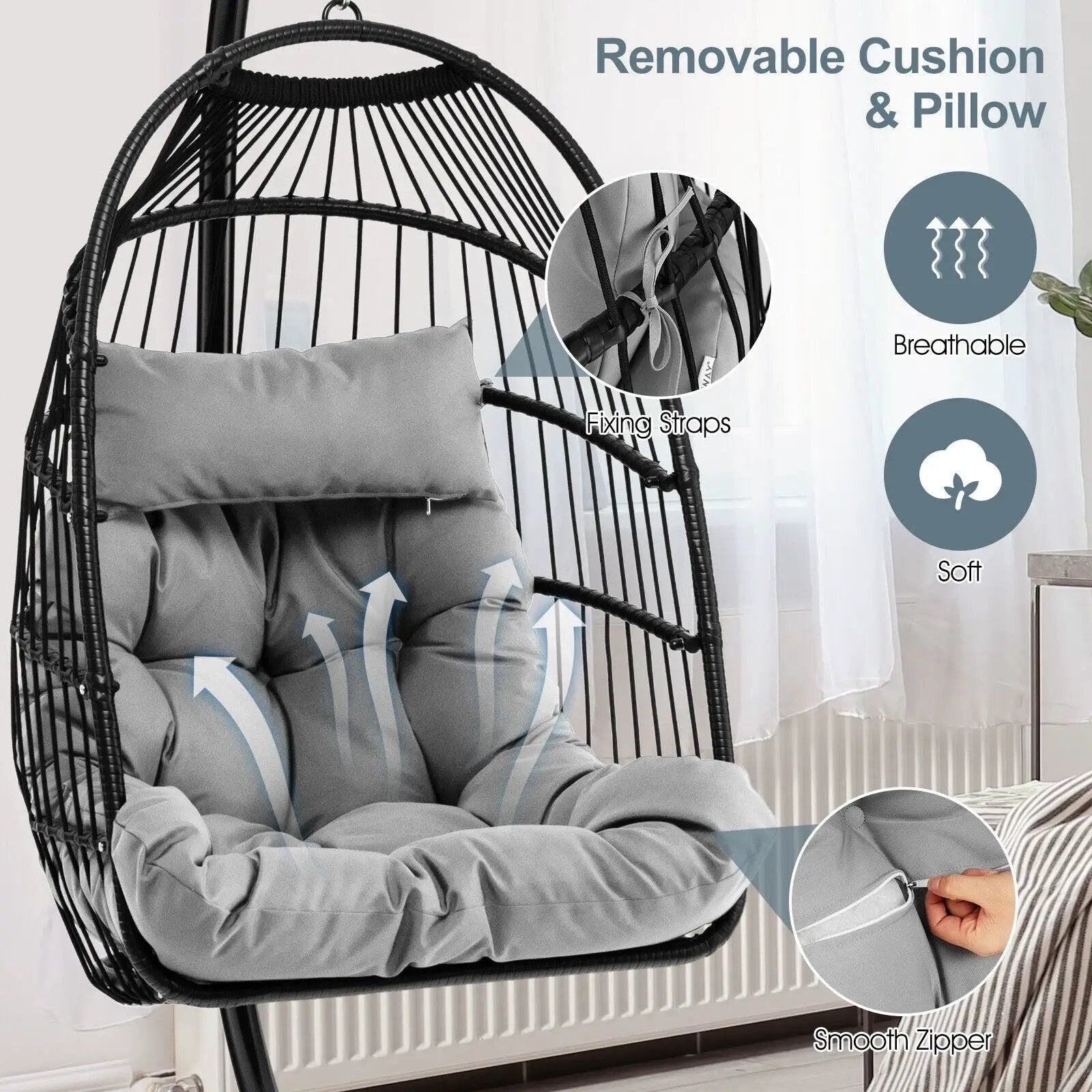 Patio Hanging Egg Chair with Stand Waterproof Cover and Folding Basket-Gray by DirectDeals