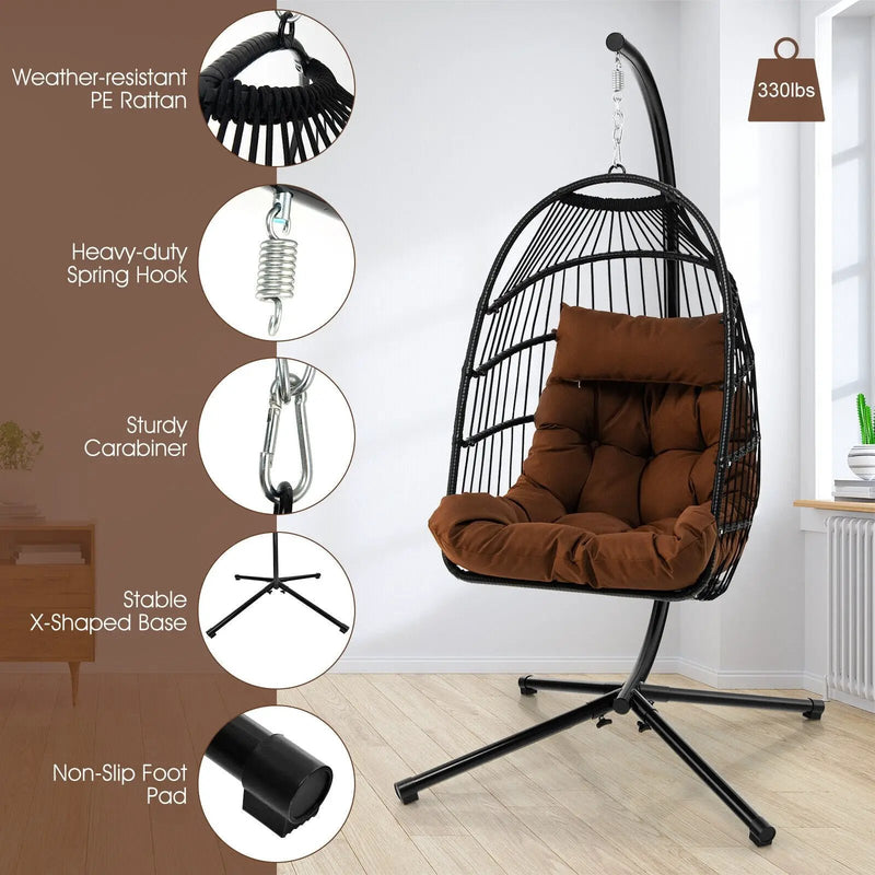 Patio Hanging Egg Chair with Stand Waterproof Cover and Folding Basket-Brown by DirectDeals