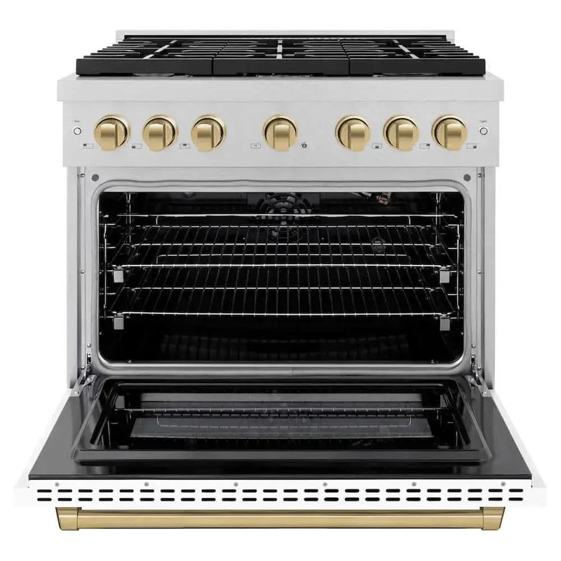 ZLINE 36"Gas Range, Convection Gas Oven, DuraSnow® White Matte, Champagne Bronze SGRSZ-WM-36-CB by Farmhouse Kitchen and Bath