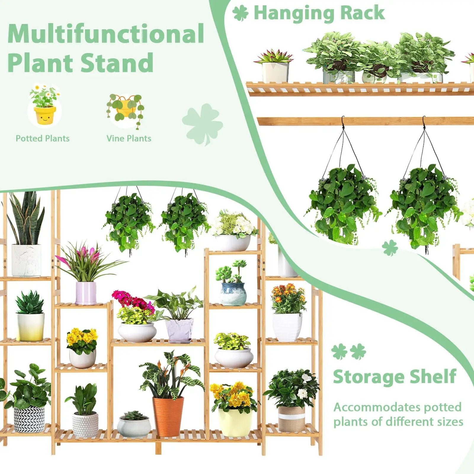 9-Tier Bamboo Plant Stand with Hanging Rack by DirectDeals