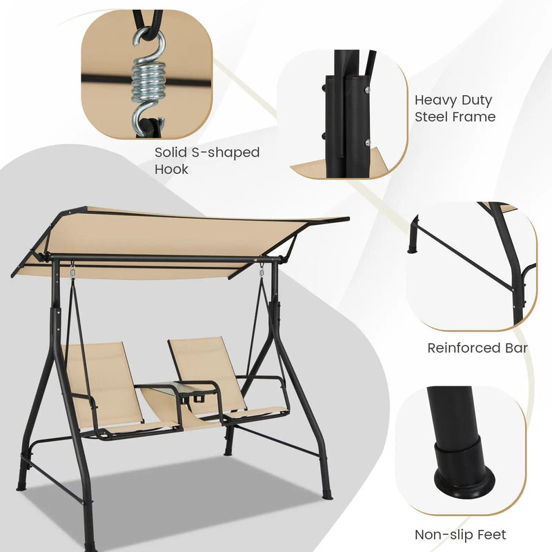 2-Seat Outdoor Cushioned Porch Swing with Adjustable Canopy and Tempered Glass Table-Beige by DirectDeals