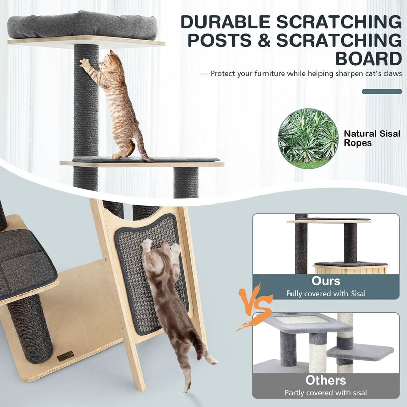 5-Tier Modern Wood Cat Tower with Washable Cushions-Gray by DirectDeals