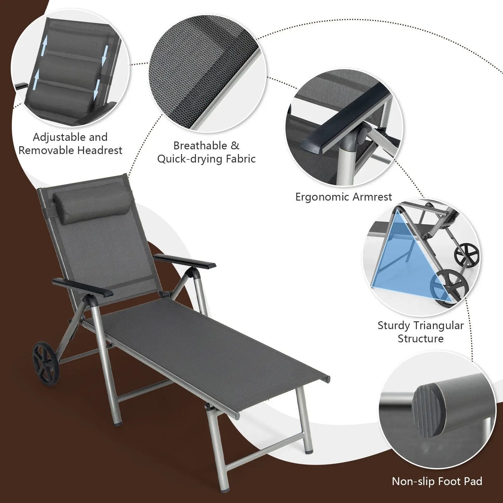Adjustable Patio Folding Chaise Lounge Chair with Wheels by DirectDeals